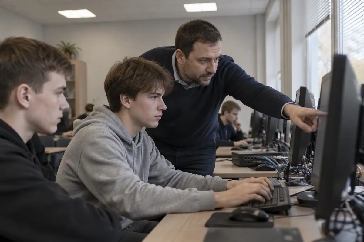 Преподаватель объясняет студенту задание у компьютера на практическом занятии